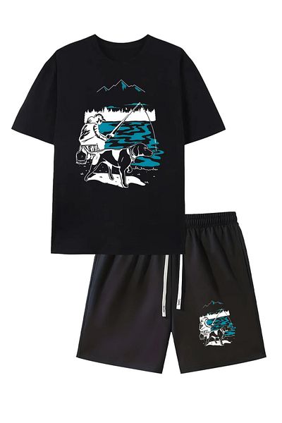 PENTHİLUS Men's Casual Sunset Dog Printed Tracksuit Set Includes Short Sleeve T-Shirt and Shorts