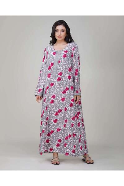 LINELLE جلابية نسائية مزينة بالزهور - أبيض ووردي بأكمام طويلة مع تصميم مطرز على الرقبة