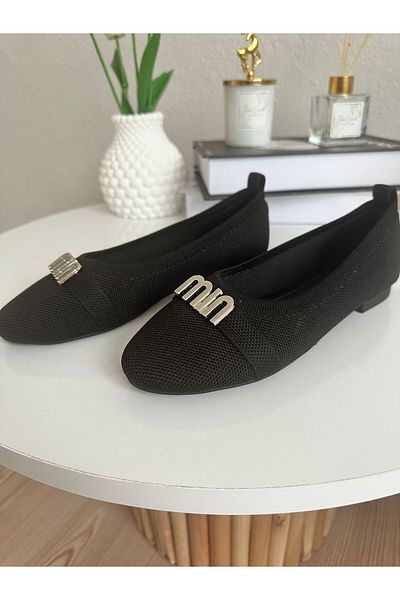 ZİESCE Women's Black Silver Buckle Knitwear Ballet Shoes
