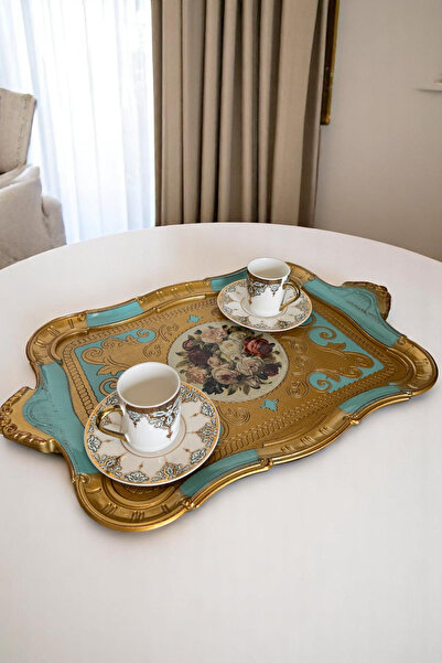 Sevinse Home İtalyan Gül Ağacı 6 Kişilik Lüx El Yapımı Tepsi Krem, Sunum Tepsisi