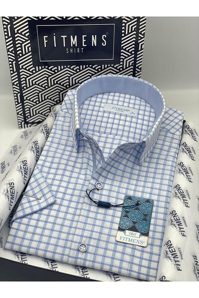 Fitmens Classic Short Sleeve Checkered Gift Boxed Men's Shirt Fs-004127 - Light Blue