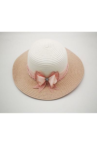 By Piera Girl's Ribbon Detail Pink-White Straw Hat 8793