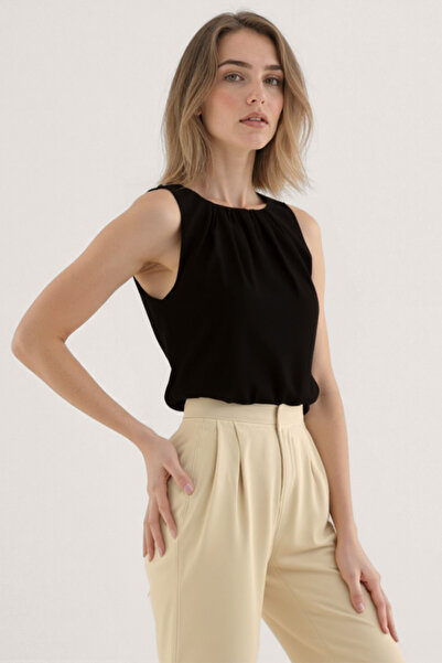 Vitrin Shiny Fabric Pleated Front Elastic Blouse