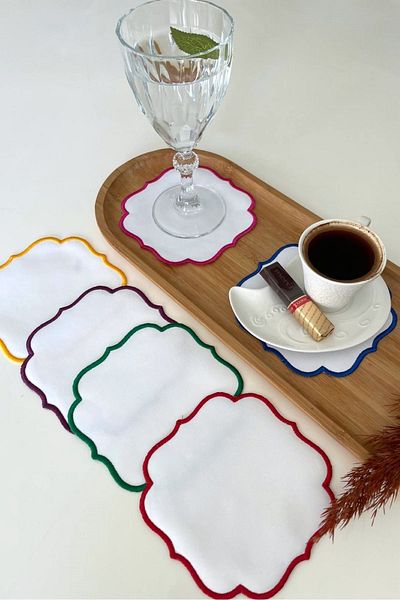 Hevia Home 6 Pieces Embroidered Coffee Side Napkin Cocktail Napkin & Coaster & Presentation Holder