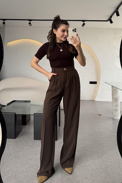 LİSAA BUTİK Premium Series Gold Button Detail Waist Elastic Palazzo