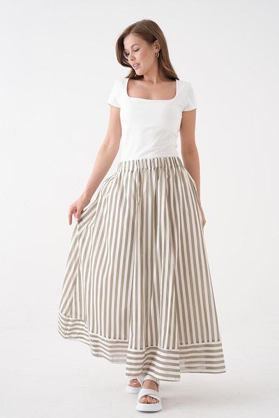minaaise Women's Khaki Striped Modal Fabric Lined Long Skirt 29242
