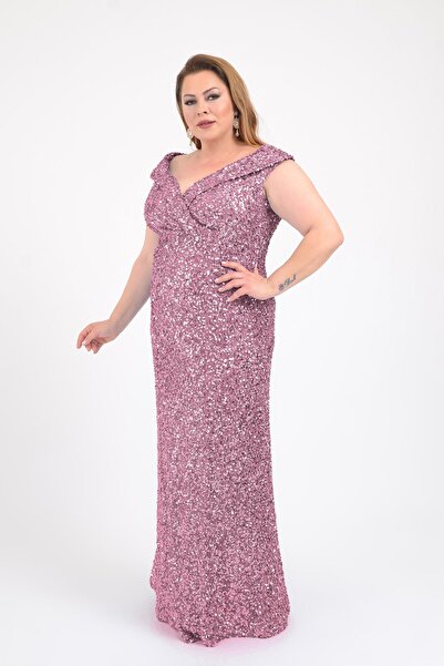 LİLAS XXL Büyük Beden Lavanta Renkli Pul Payetli Uzun Abiye Elbise