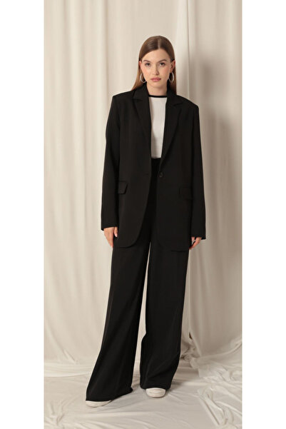 Kaktüs Kadın Atlas kumaş siyan blazer ceket palazzo pantolon takım elbise