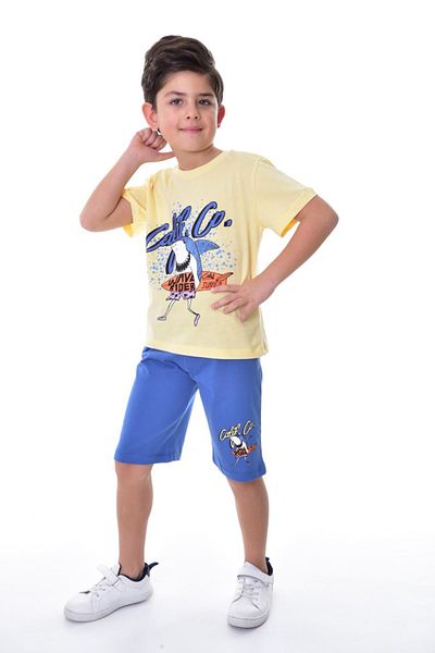 YUMİYUMM Boy's Printed Yellow-Blue Shorts Suit