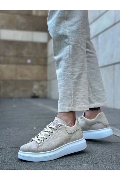 EBRUS TREND Et0547 Thick High Sole Cream Suede Lace-Up Sports Men's Shoes