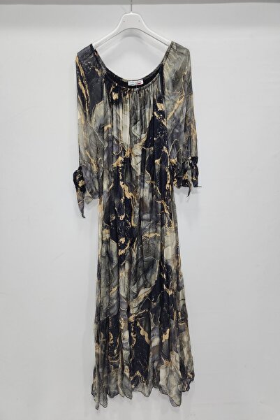 della moor Μαύρο ιταλικό μεταξωτό φόρεμα με κοντό μανίκι και ελαστικό λαιμόκοψη