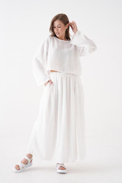 minaaise Women's White Bamboo Fabric Skirt and Blouse Bottom/Top Set 29246
