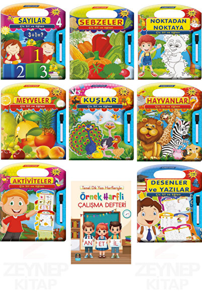 0-6 Yaş Yayınları Çiz Sil ve Eğlen Serisi 8 Kitap Set ve Büyük Boy Örnek Harf...