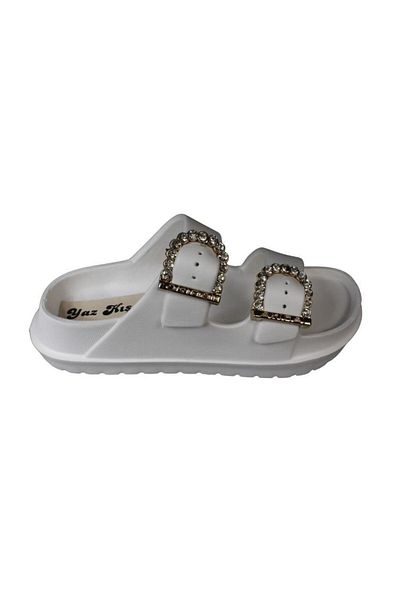 Yaz Kış Ayakkabı Yazkiş Women's White Black Beige Stone Buckle Double Striped Pvc Sea Pool Beach Garden Casual Slippers