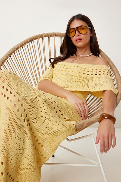 Lovelyİstanbul Carmen Collar Openwork Summer Knitwear Dress Yellow Lki̇0031