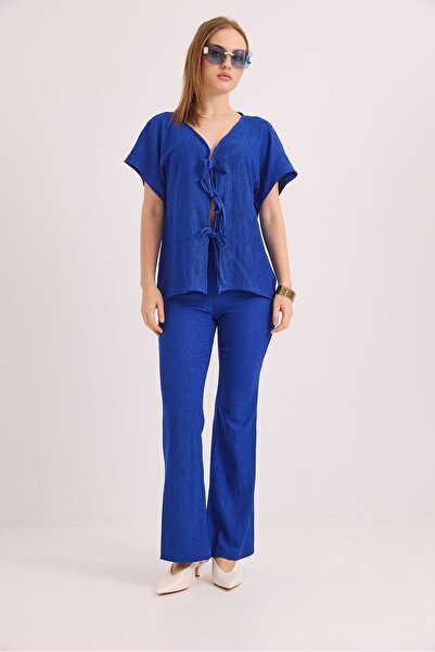 Raneel Kazançlı Alışveriş Lace-Up Spanish Double Knitted Wrap Suit Cobalt Blue