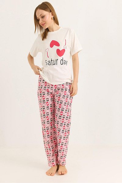 Raneel Kazançlı Alışveriş Crew Neck Elastic Waist Pajama Suit Pink