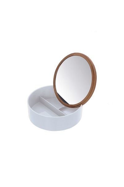Feridras Smack round jewelry/cosmetic box, with mirror, white with bamboo lid
