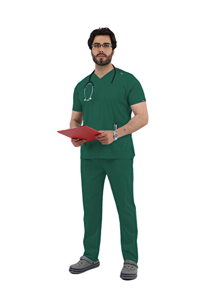 BEDUCA زي الطبيب ذو الأكمام الصناعية برقبة على شكل حرف V من Green Lycra Dr Gr...