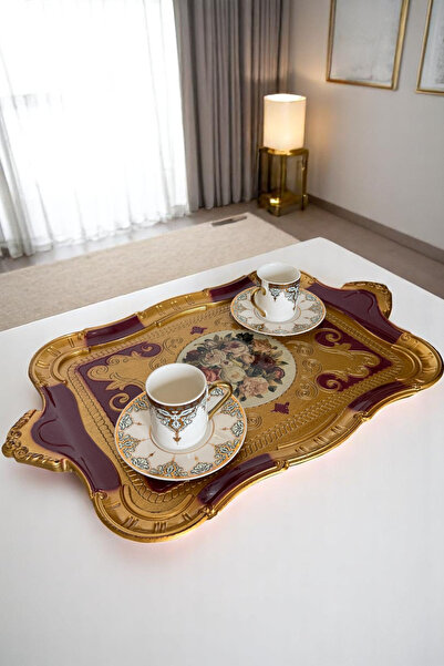 Sevinse Home Italian Rosewood Luxury Handmade Tray for 6 People Burgundy Gold, Presentation Tray