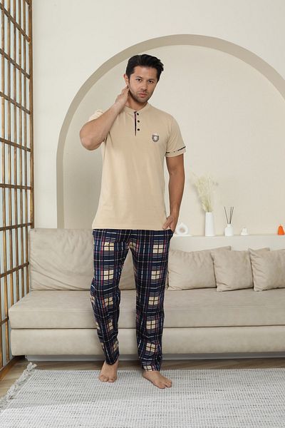 KAPİTEX Men's Short Sleeve, Bottom Long Patch Button, with Pockets 100% Cotton Beige Color Father's Day Pajamas Set