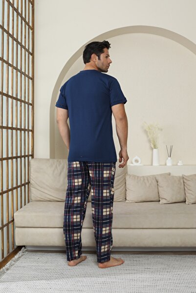 KAPİTEX Erkek Kısa Kollu, alt Uzun Patlı Düğmeli, Cepli %100 Pamuklu İndigo Renk Babalar Günü Pijama Takımı