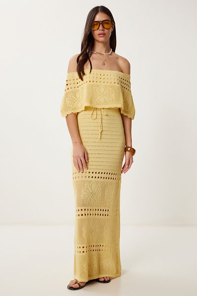 Lovelyİstanbul Carmen Collar Openwork Summer Knitwear Dress Yellow Lki̇0031