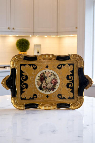 Sevinse Home Italian Rosewood Luxury Handmade Tray for 6 People Black Gold, Presentation Tray