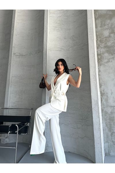 MYGİYİMİSTANBUL Belt Detail Vest Loose Pant Suit-Women's Suit