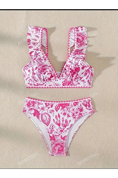 ARONA Blue Floral Patterned Women's Bikini Set High Waist Swimsuit