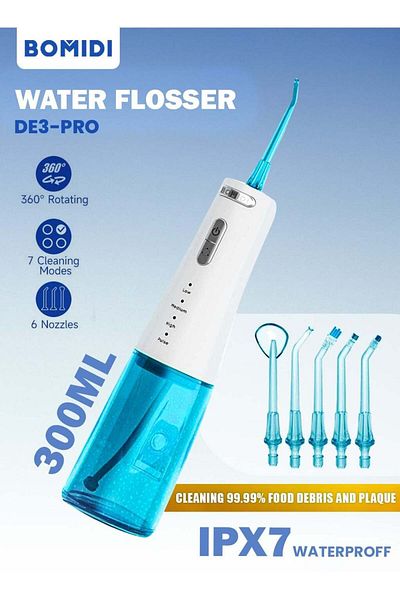 BOMIDI Portable Water Flosser for Teeth Cleaning Cordless Dental Oral 360° Rotating 6 Nozzle 300ml Tank 7