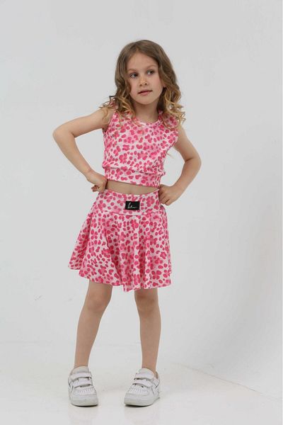 KİDSPİTİRCİK Girl's Pink Straped Crop Badi, Short Skirt Suit