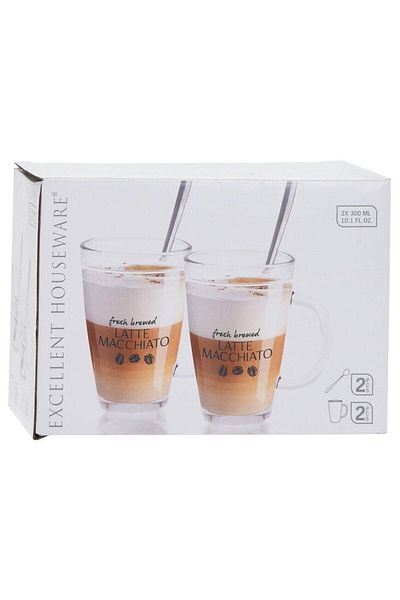 Excellent Houseware Set de 2 căni Latte Machiato, sticlă, 8 x 12 cm, 300 ml,