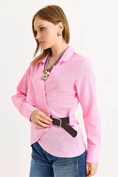 Raneel Kazançlı Alışveriş Belt Detailed Woven Shirt Pink
