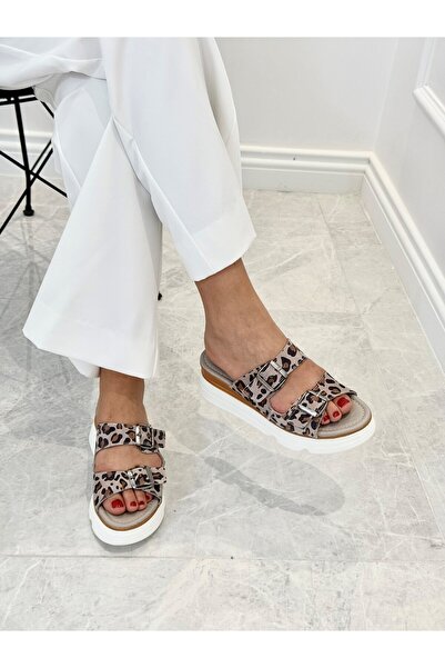 İnci Topuk Gri Leopar | Hakiki Deri | Kalın Taban | Çift Bantlı Terlik