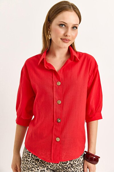 Raneel Kazançlı Alışveriş Red linen shirt with wooden buttons and three quart...