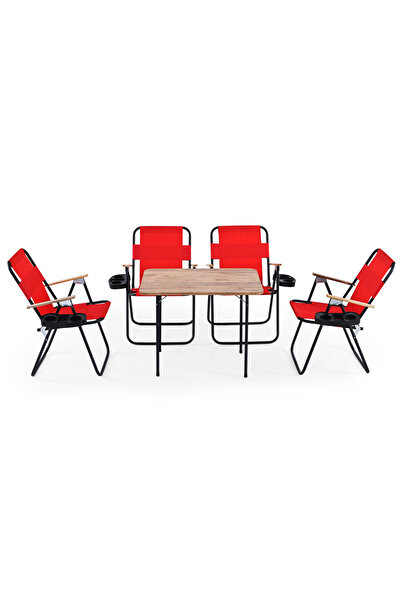 Remaks 4 adet Katlanır Kollu Bardaklıklı 4lü Kamp Sandalyesi Kırmızı Ve 60x80...