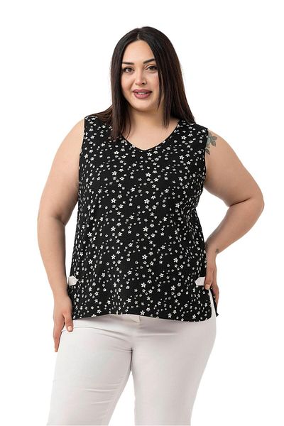 DISENTIS MODEST Plus Size Floral Print V Neck Sleeveless Black Blouse with Side Slit Detail