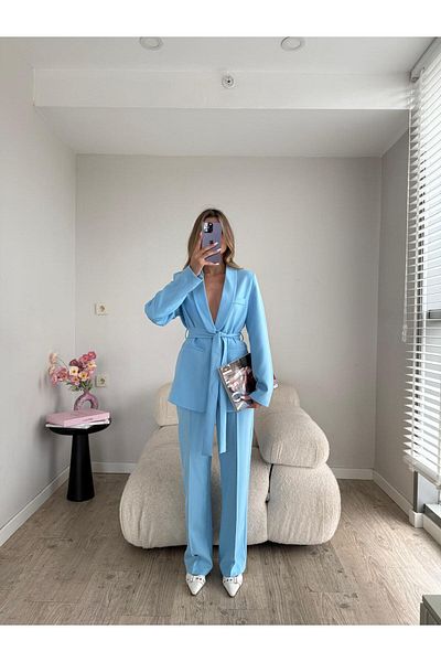 MYGİYİMİSTANBUL Tie-Up Blazer Jacket Loose Leg Pants Suitregular