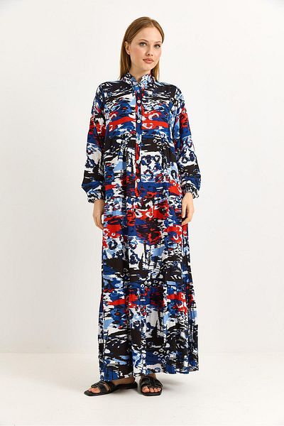 Raneel Kazançlı Alışveriş Button Collar Viscose Mixed Pattern Casual Dress Navy Blue