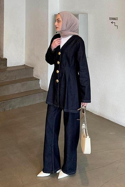 lamelif Gold Button Denim Jacket Suit Dark Blue
