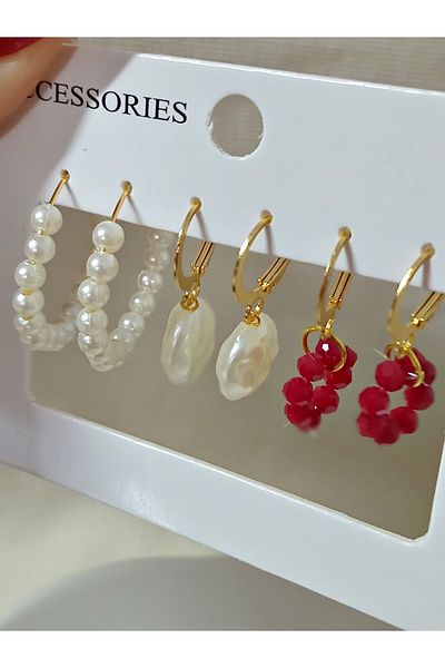 mos&more 3 Pairs Pearl Beaded Hoop Women's Earring Set