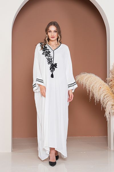 EMY TEKSTİL Embroidered Plus Size Viscose Long Dress White