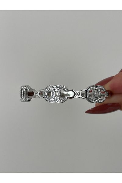 JELLY Unisex Steel Silver Color Zircon Stone Double Ring Detailed Handcuff Bracelet