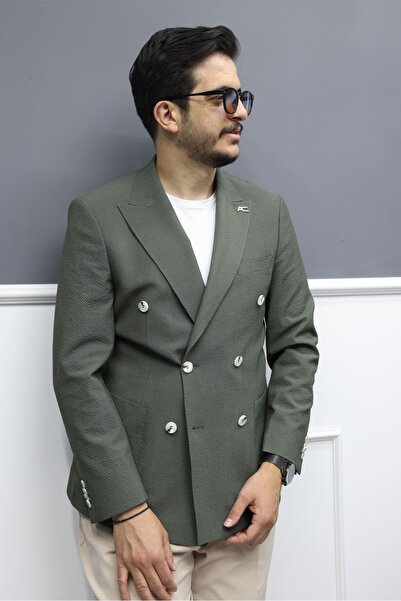 Avni Ceylan Verde Textured Seersucker Italian Style Slim Fit Double Breasted Men's Jacket Khaki