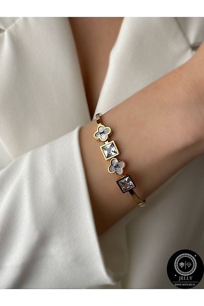 JELLY Women's Steel Gold Color Pearlescent Clover Model Zircon Baguette Stone Sparkling Handcuff Bracelet