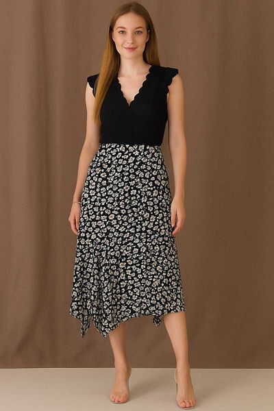 gigigiyim Floral Patterned Asymmetrical Cut Women's Skirt Black
