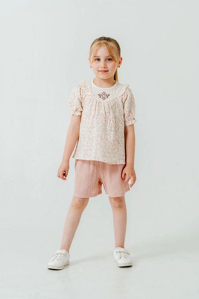 My Hanne Baby Girl Muslin Set with Floral Embroidered Shorts
