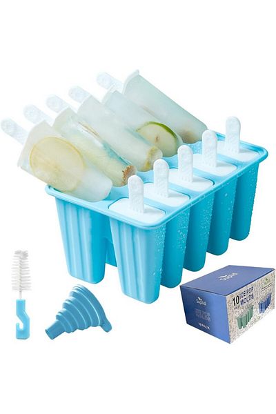 Suplid Set 10 forme pentru inghetata din silicon, albastru, cu 10 bete, palnie si perie curatare, Suplid