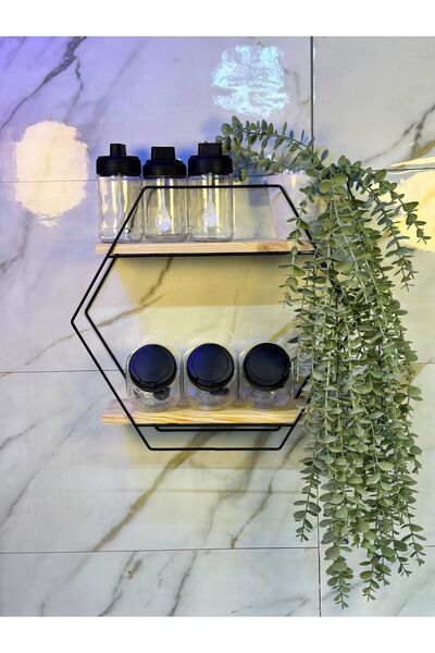 Genel Markalar Şık Tasarımlı 2 Katlı Ahşap Detaylı Altıgen Banyo ve Mutfak Rafı Metal Dekoratif Duvar Rafı